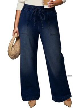 Plus Size High Waisted Wide Leg Jeans Stretchy Drawstring Denim Pants